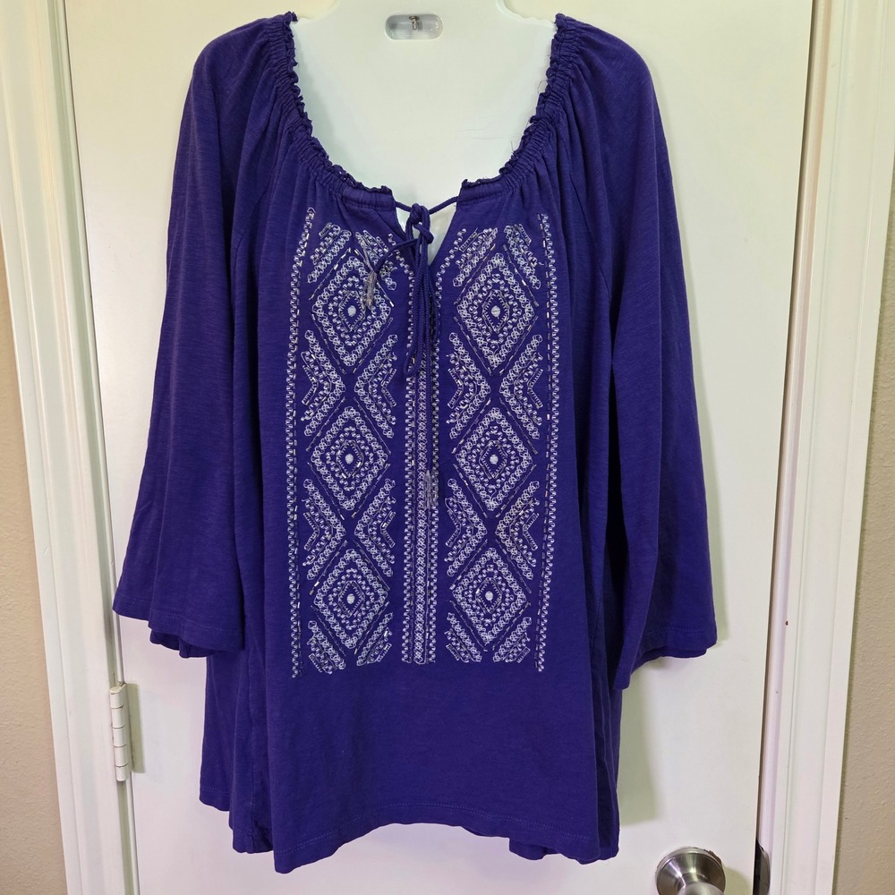 JM Collection Woman Purple Embroidered Beaded Peasant Top 2X Cotton Boho Blouse